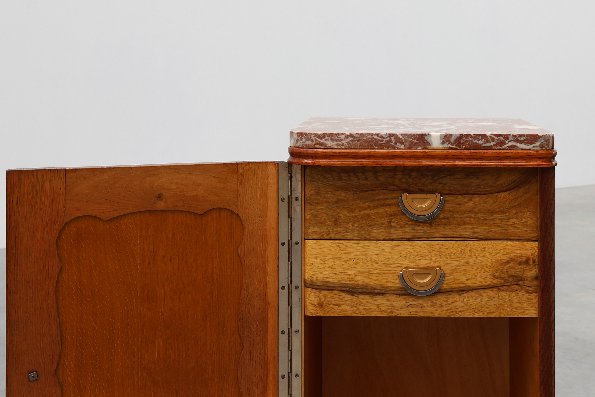 Pair of Art Deco nightstands in oak with marble top, France ca. 1925thumbnail